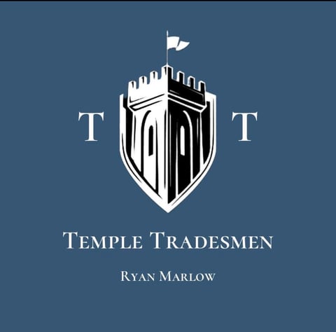 Temple Tradesmen logo featuring a shield with castle tower design and flag, text reads Temple Tradesmen Ryan Marlow